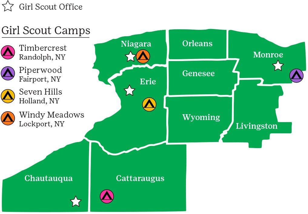 A map of Western New York with Girl Scout camps and offices indicated on it
