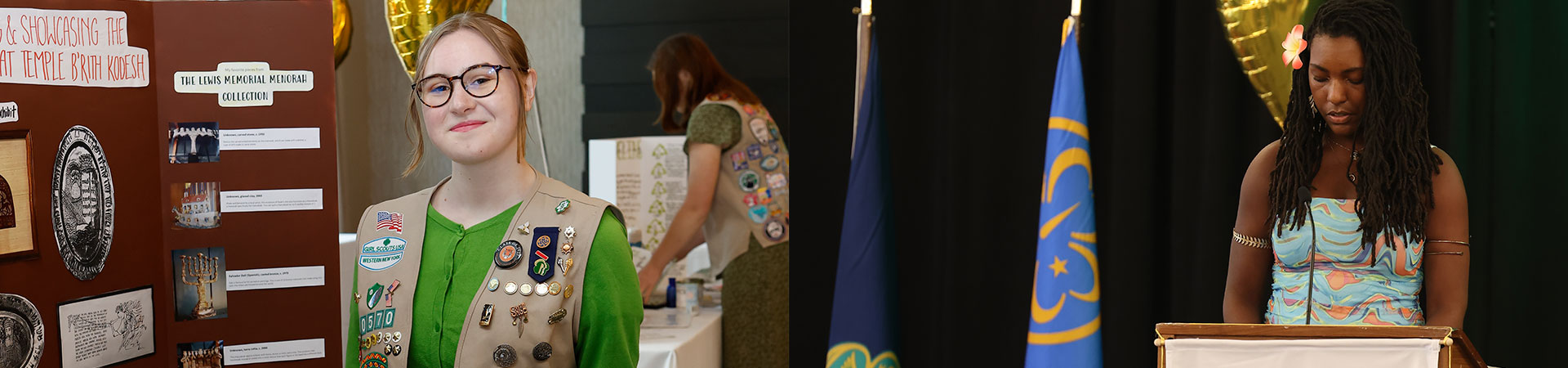  On the left, a photo of a Girl Scout with a light skin tone and tied back blonde hair wearing her tan vest with pins and patches next to a project she created. On the right, a girl with a dark skin tone and long braided black hair wearing a blue floral dress and speaking at a podium 