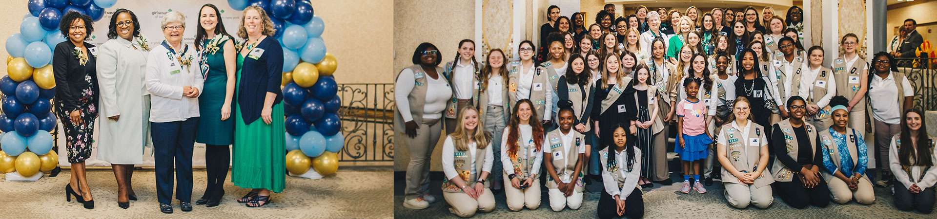  On the left, a photo of 5 women standing under an arch of blue and gold balloons. On the right, a Girl Scout troop posed and smiling for the camera 