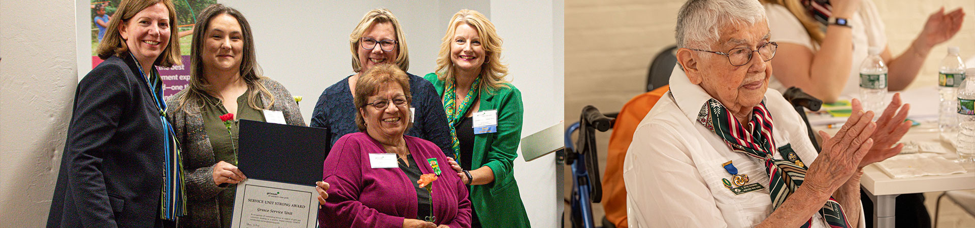  On the left, a photo of 5 women holding a certificate and smiling. On the right, a photo of an older woman clapping and wearing a white collared shirt and a scarf 