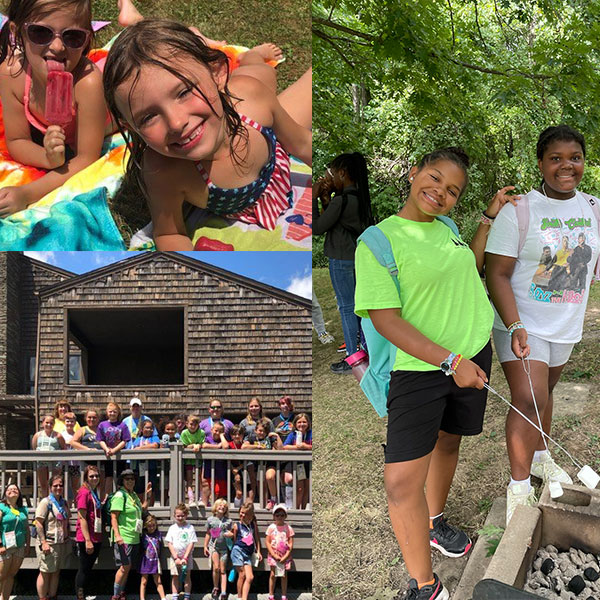 A collage of photos of girls having fun at Girl Scout camp