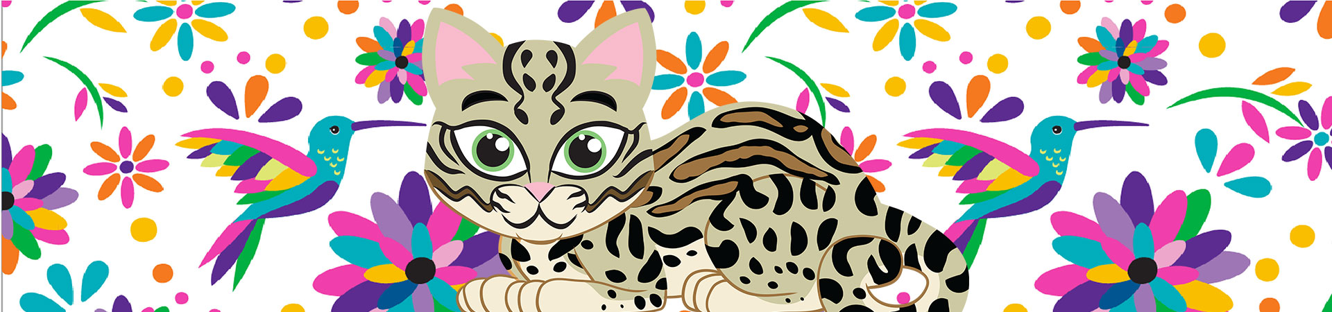  An illustration of Olive the Ocelot lying down over a floral background 