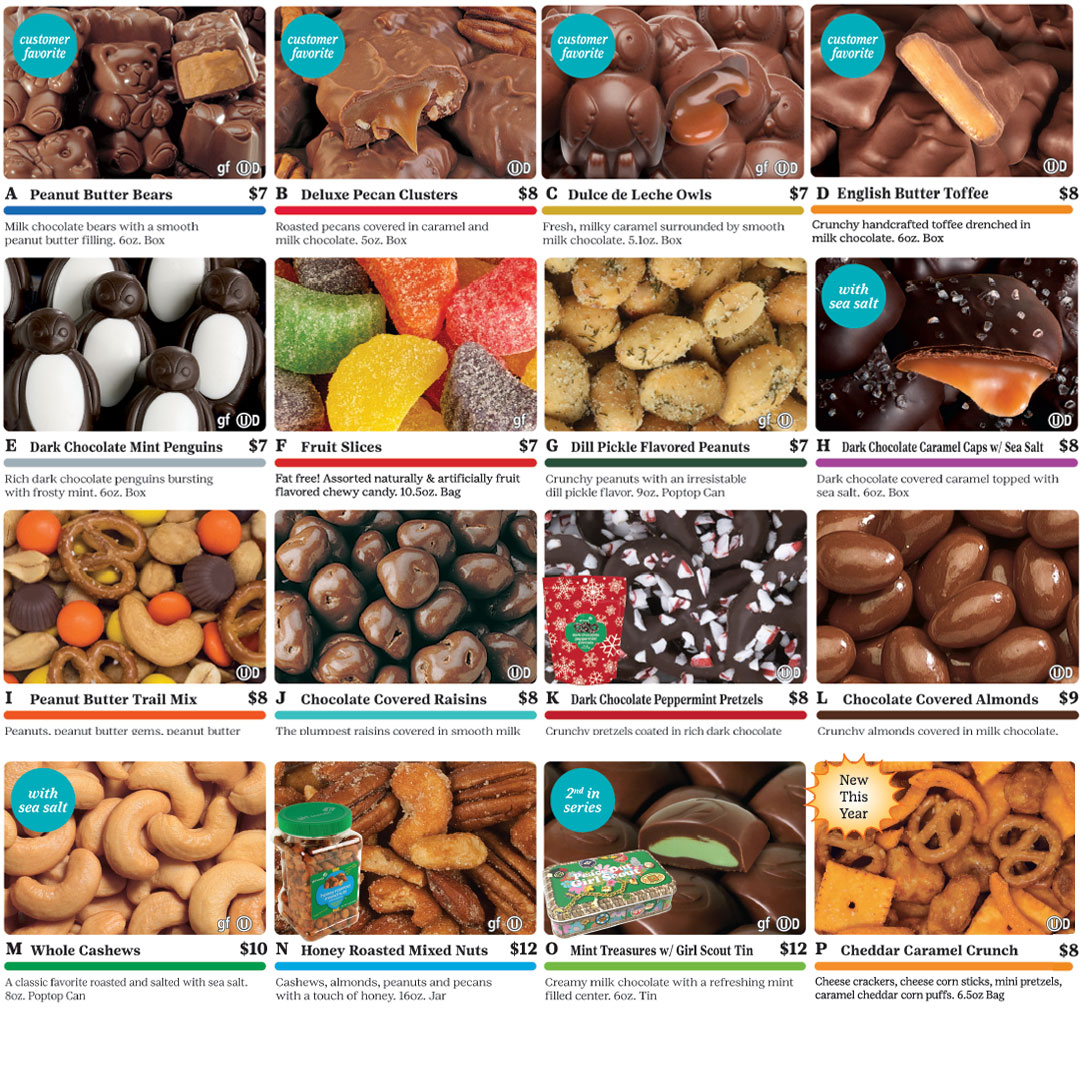 A grid of 16 squares, each depicting a fall product for sale with description and price