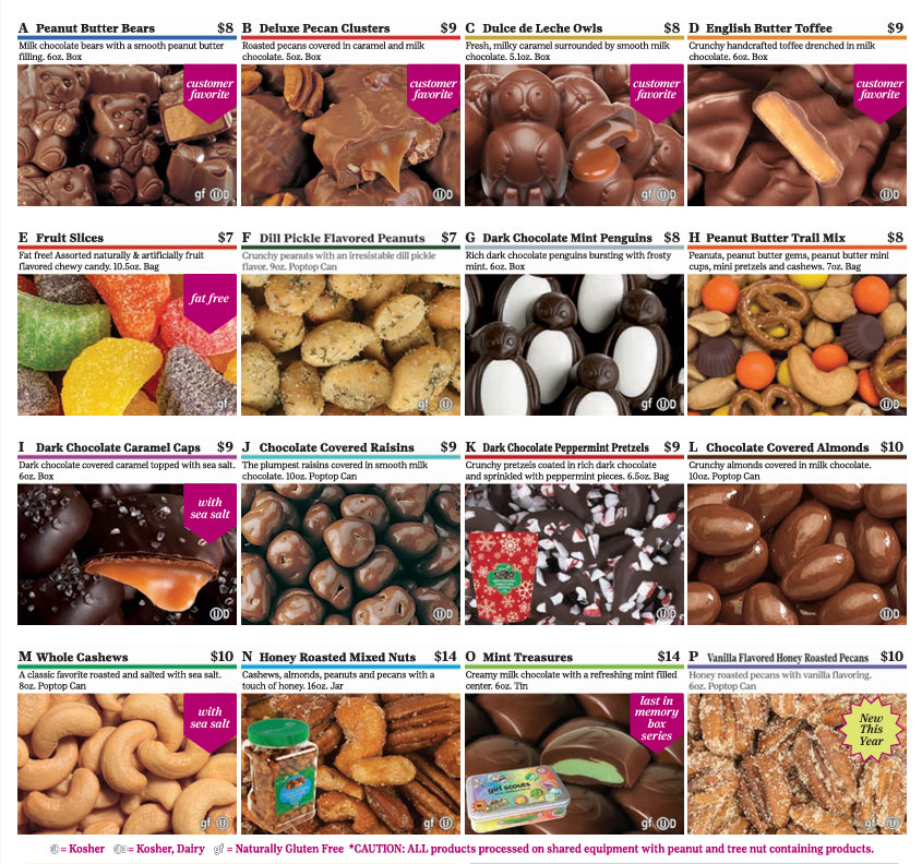 A grid of 16 squares, each depicting a fall product for sale with description and price