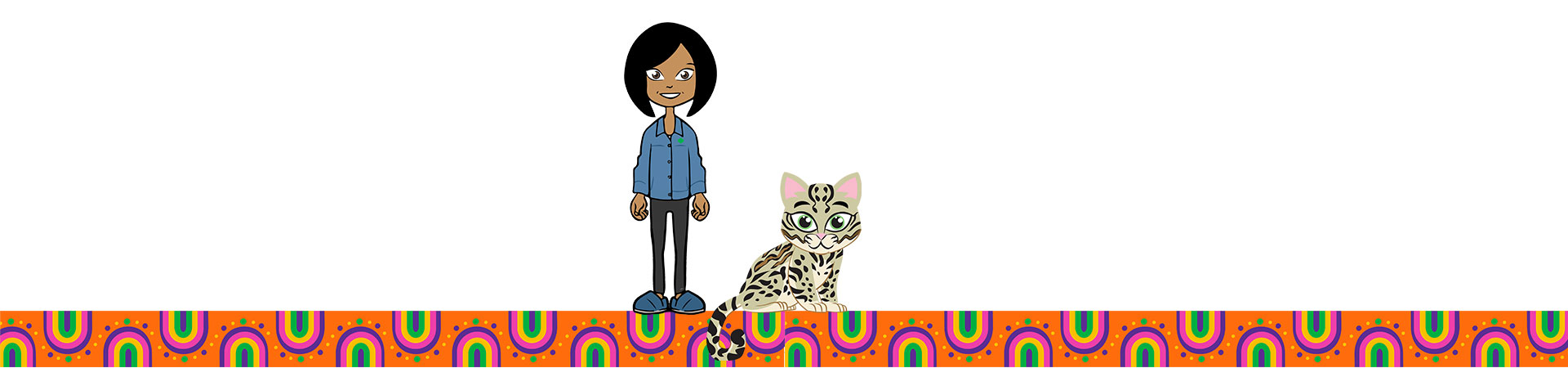  An illustration of a smiling girl standing next to Olive the Ocelot 