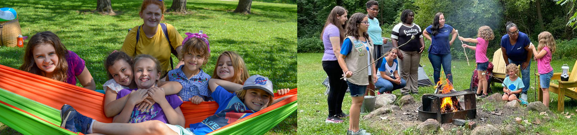  adult volunteer wearing vest with a girl scout junior (right, in baseball cap) and daisy (left) outside at a park smiling and looking at one another 