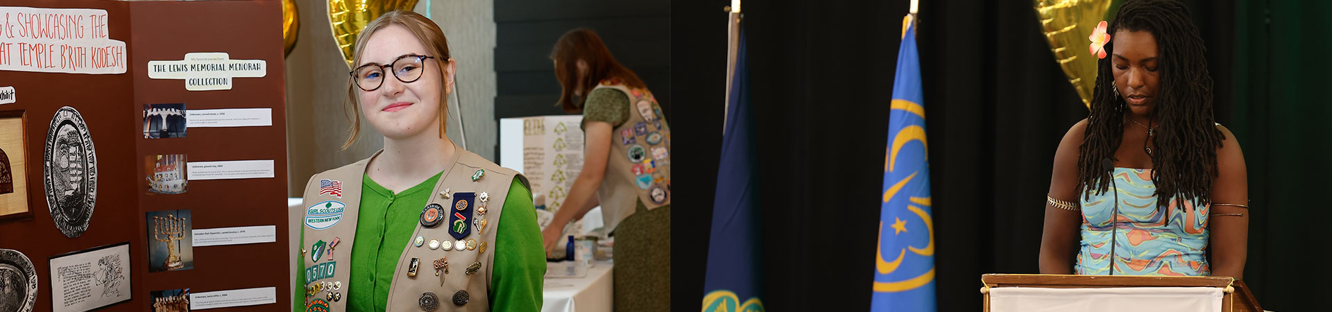  girl scout ambassador high school girl in school wearing sash with highest awards pins 