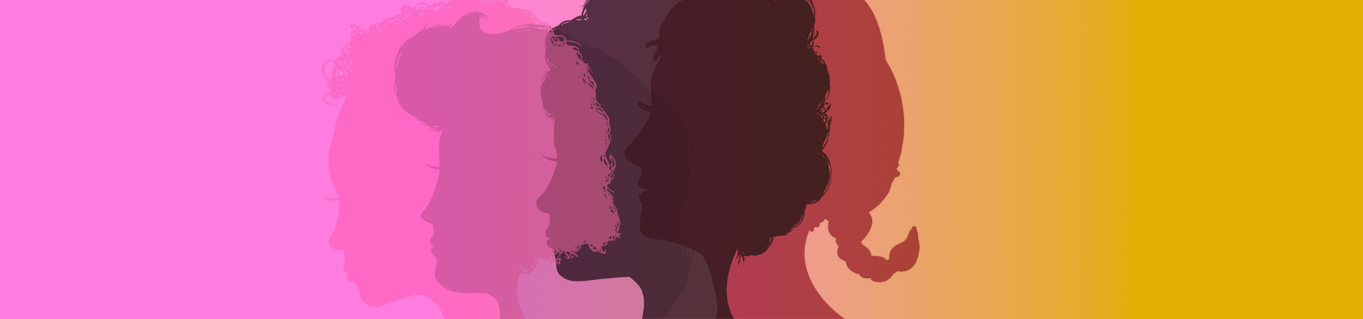  A gradient of pink to orange with different illustrated silhouettes of girls across it 